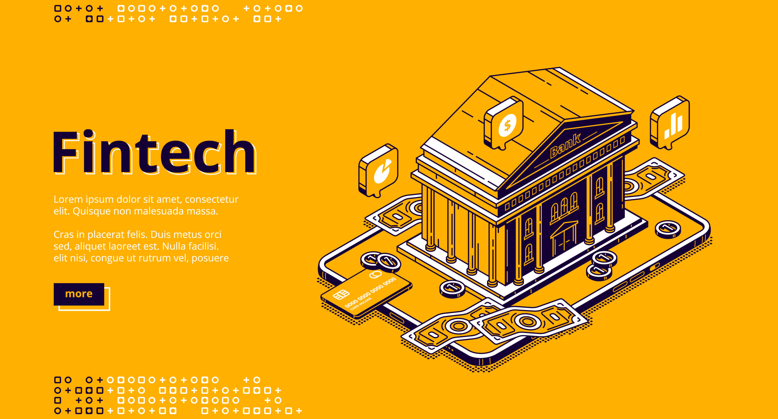 Fintech isometric landing page with bank building